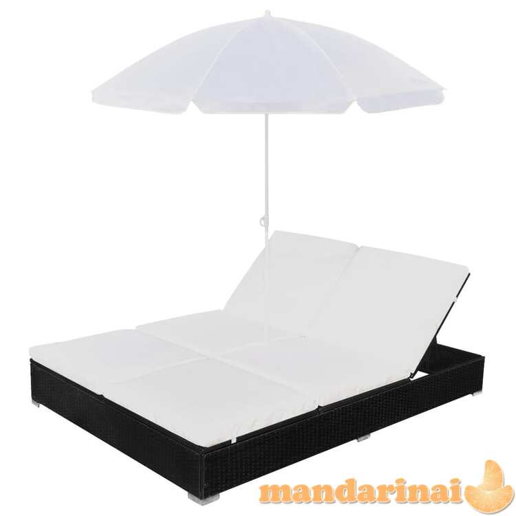 Lauko saulės gultas su skėčiu, poliratanas, juodas