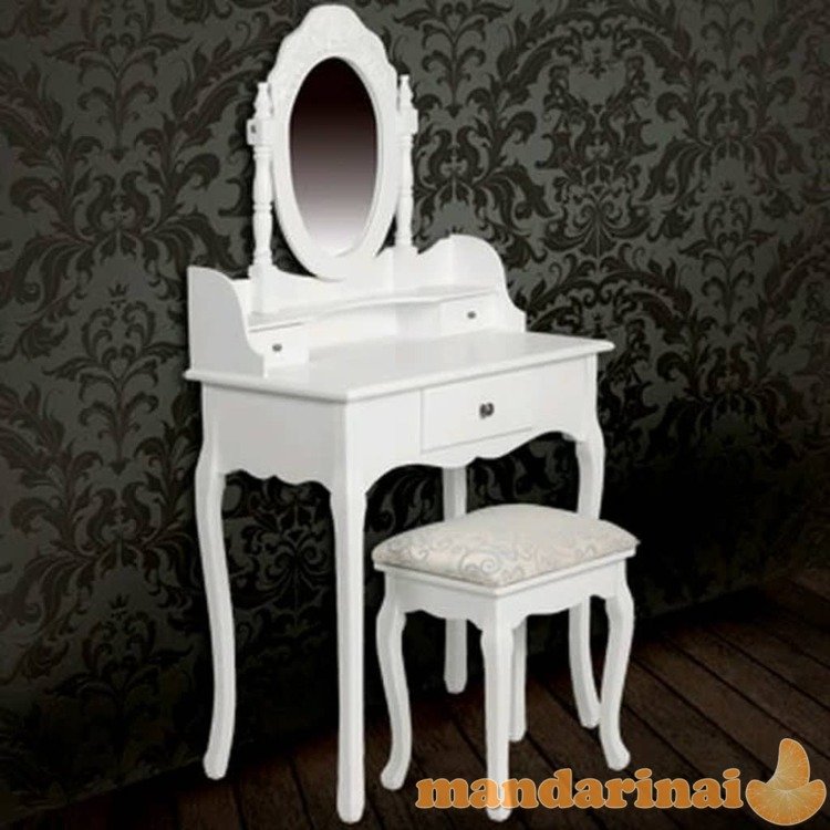Kosmetinis staliukas su veidrodžiu ir kėdute, baltos spalvos