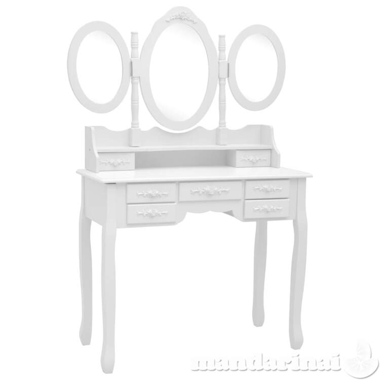 Kosmetinis staliukas su kėdute ir 3 veidrodžiais, baltas