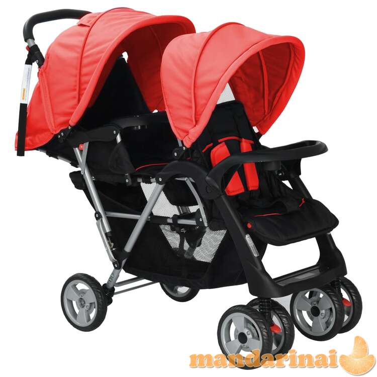 Vaikiškas dvivietis vežimėlis, plienas, raudonas/juodas