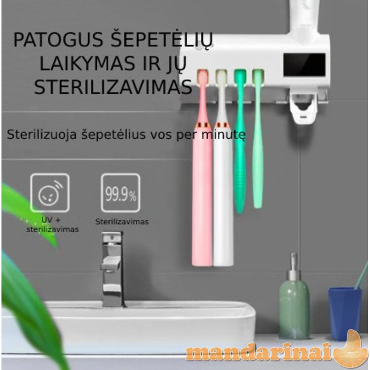 Dantų šepetėlių laikiklis-sterilizatorius su dantų pastos dozatoriumi