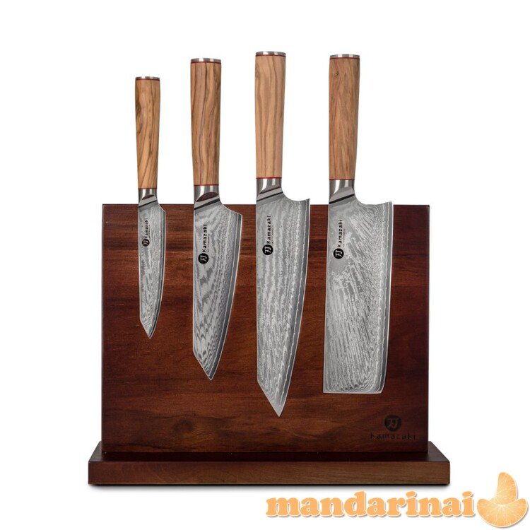 Damasko plieno peilių rinkinys su stovu KAMAZAKI 