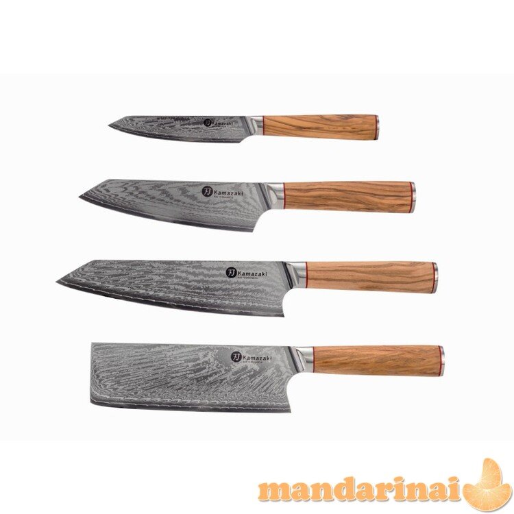 Damasko plieno peilių rinkinys su stovu KAMAZAKI 