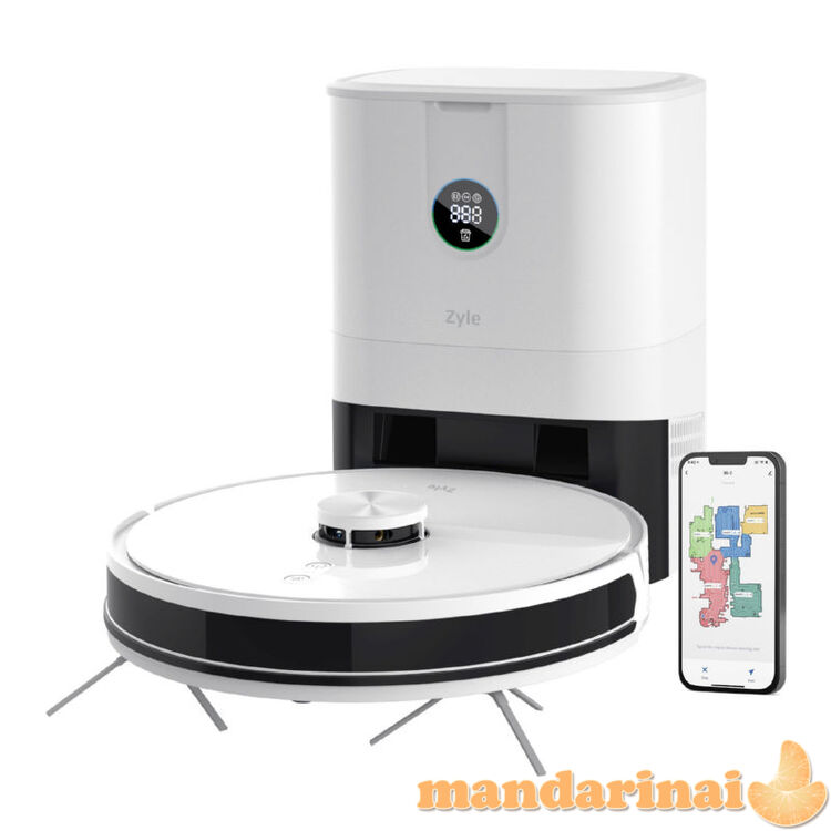 Plaunantis robotas siurblys su dulkių išpylimo stotele, 