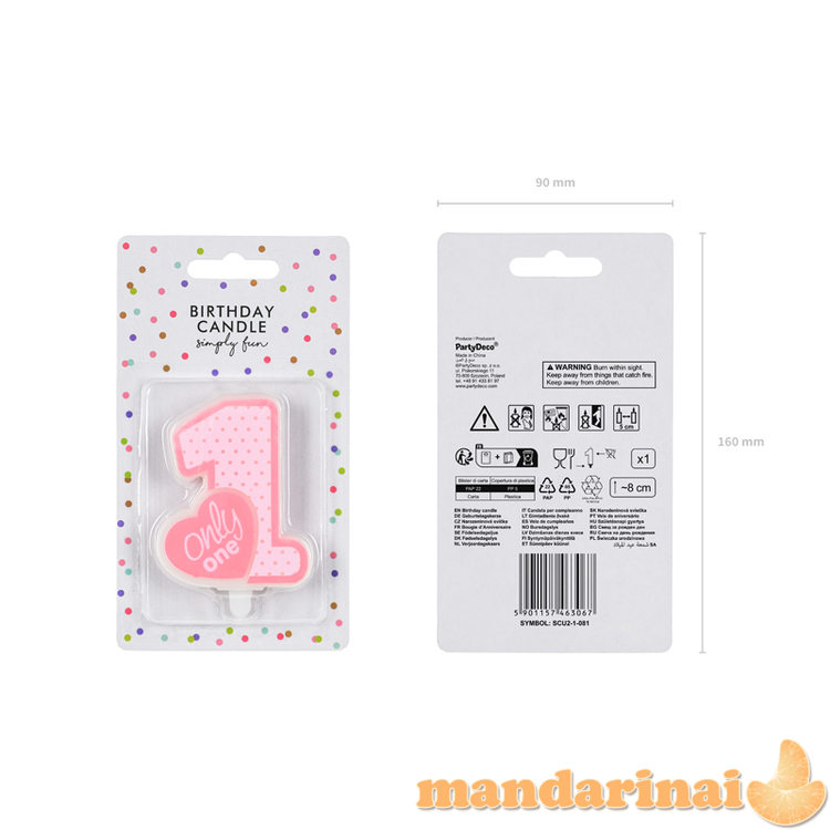 Birthday candle Only One, light pink, 8cm 1