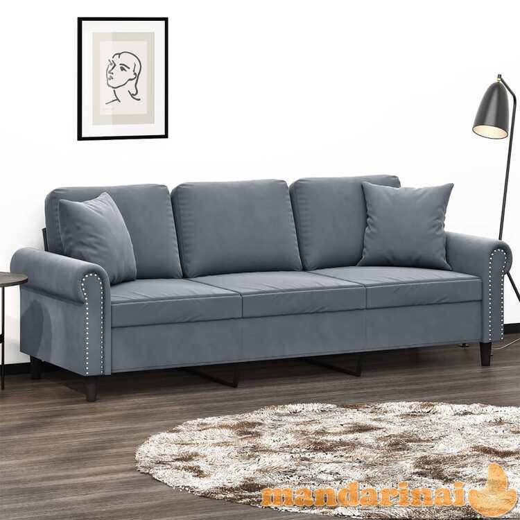 Trivietė sofa su pagalvėlėmis, tamsiai pilka, 180cm, aksomas