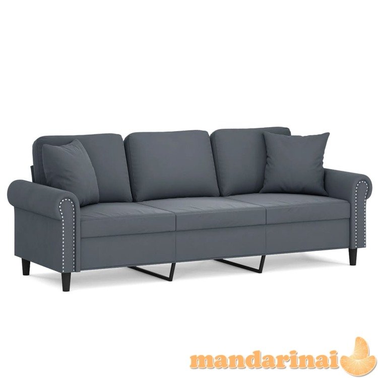 Trivietė sofa su pagalvėlėmis, tamsiai pilka, 180cm, aksomas