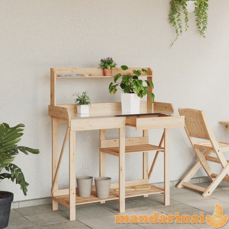 Sodinimo stalas su lentynomis, eglės medienos masyvas