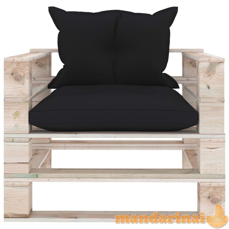 Sodo sofa iš palečių su juodomis pagalvėlėmis, pušies mediena