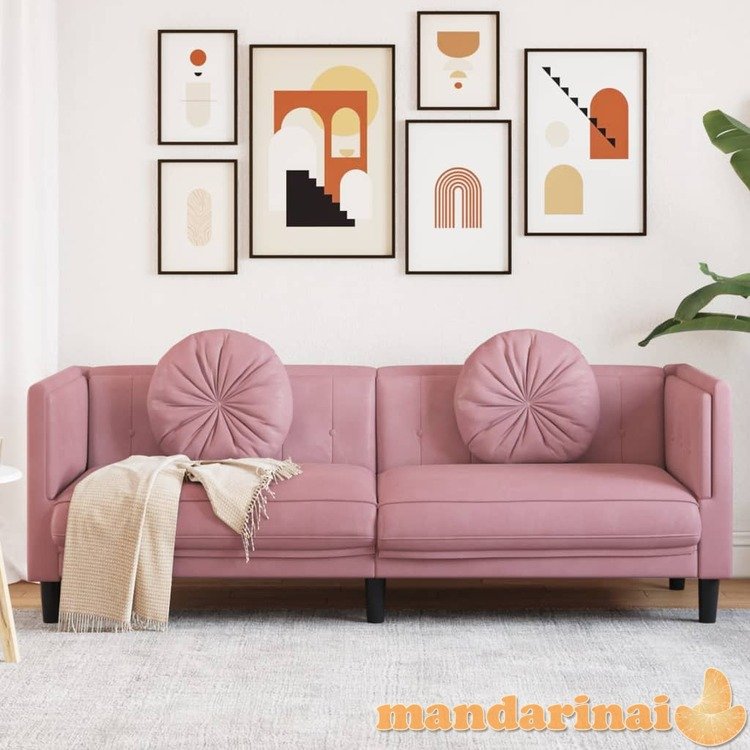 Trivietė sofa su pagalvėlėmis, rožinės spalvos, aksomas