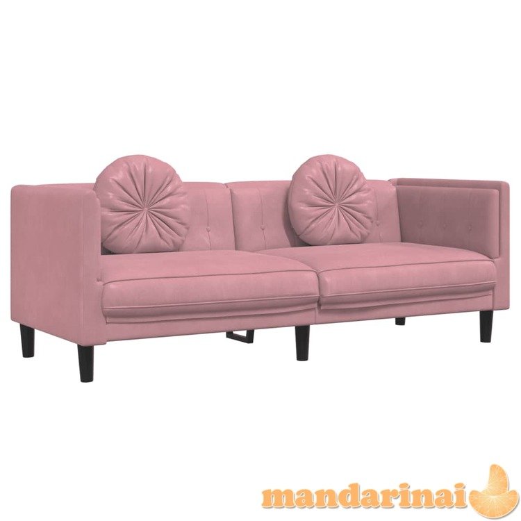 Trivietė sofa su pagalvėlėmis, rožinės spalvos, aksomas