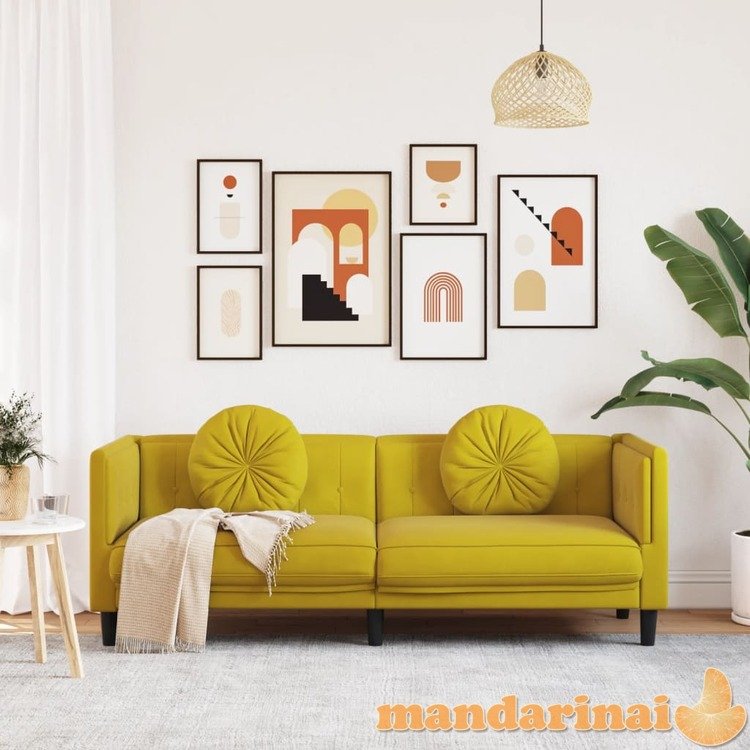 Trivietė sofa su pagalvėlėmis, geltonos spalvos, aksomas