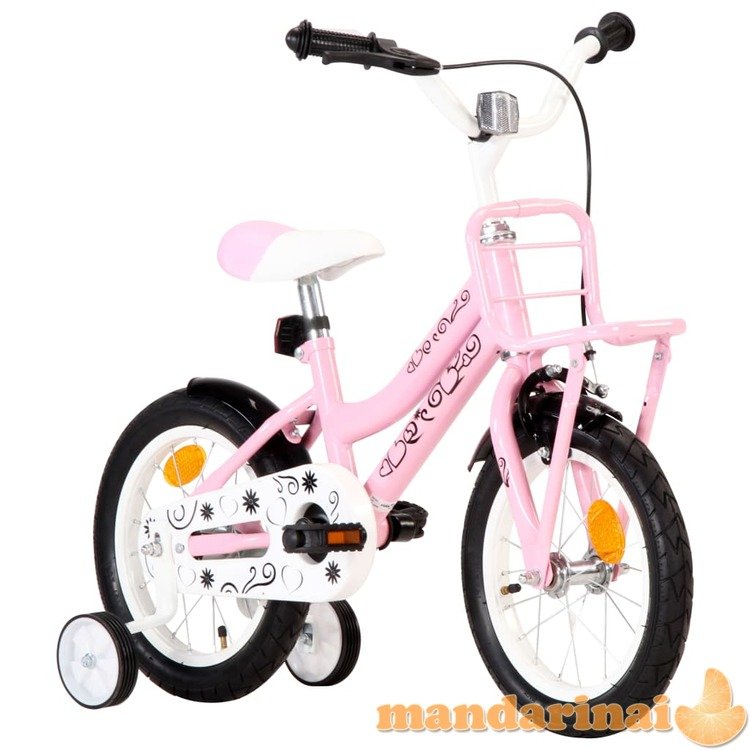 Vaikiškas dviratis su priekine bagažine, baltas ir rožinis