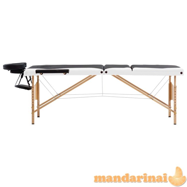 Sulankstomas masažo stalas, juodas ir baltas, mediena, 3 zonų