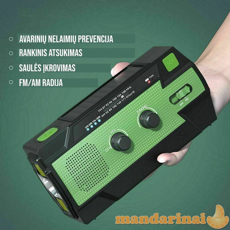 Nereikalaujantis baterijų radijas-prožektorius-power bankas