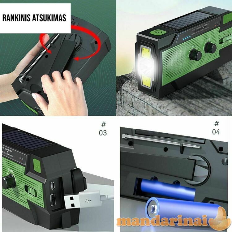 Nereikalaujantis baterijų radijas-prožektorius-power bankas