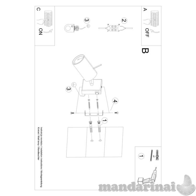 Sieninis šviestuvas žiedas juodas jungiklis