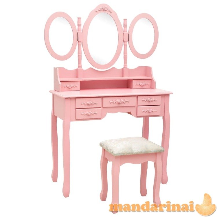 Kosmetinis staliukas su kėdute ir 3 veidrodžiais, rožinis