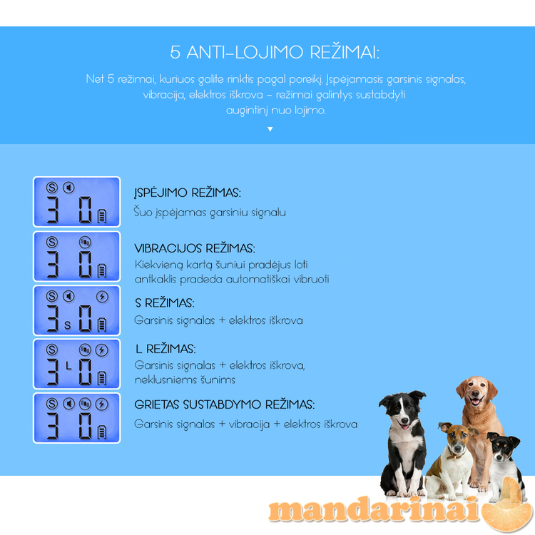 Pakraunamas 3 režimų anti-lojimo antkaklis su LCD ekranu