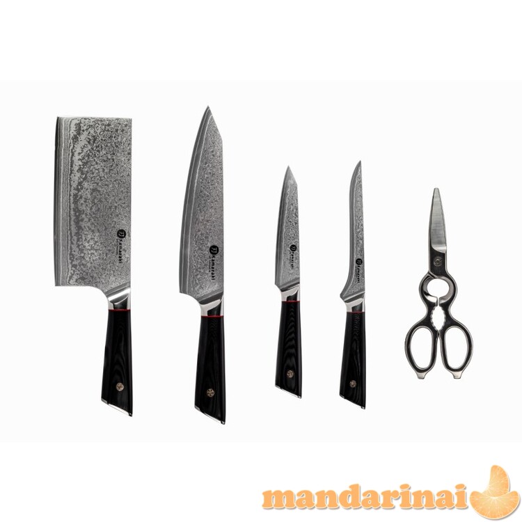Damasko plieno peilių rinkinys su stovu KAMAZAKI 