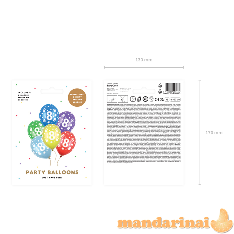 Balloons 30cm, 8th Birthday, Metallic Mix (1 pkt / 6 pc.)