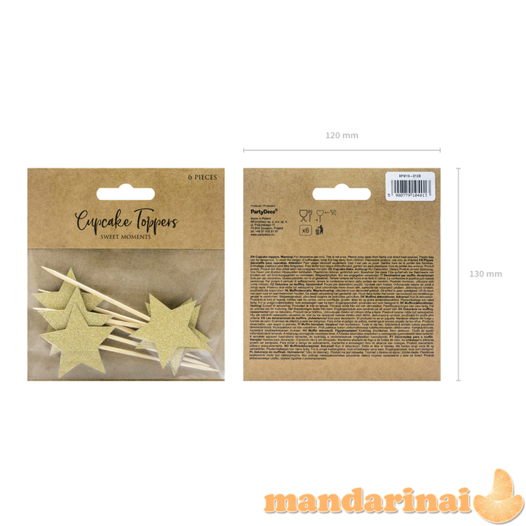 Cupcake toppers - Stars, gold, 11.5cm (1 pkt / 6 pc.)