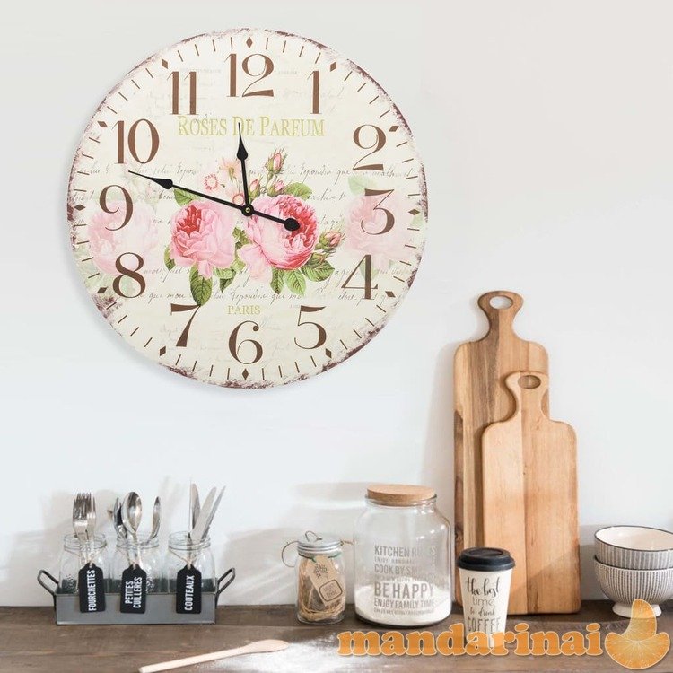 Sieninis laikrodis, 60 cm, vintažinio stiliaus, su gėlėmis