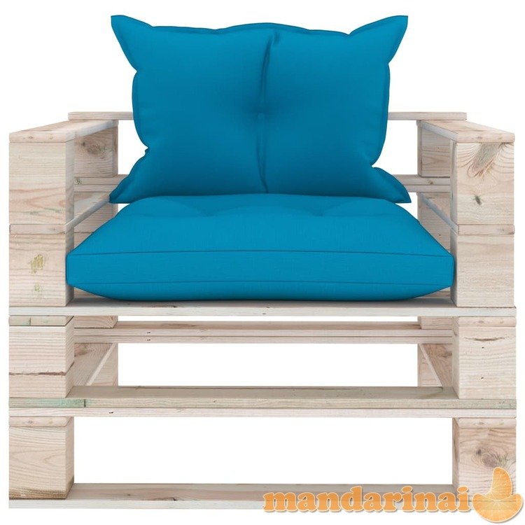 Sodo sofa iš palečių su mėlynomis pagalvėlėmis, pušies mediena