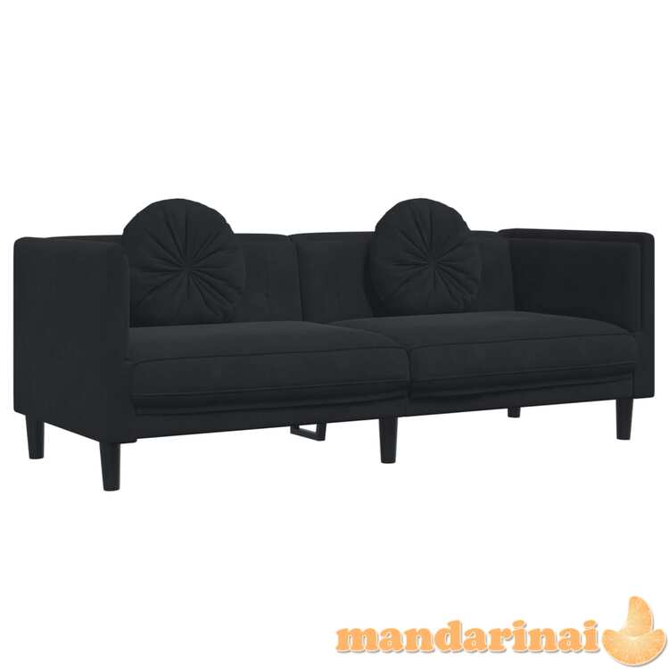 Trivietė sofa su pagalvėlėmis, juodos spalvos, aksomas