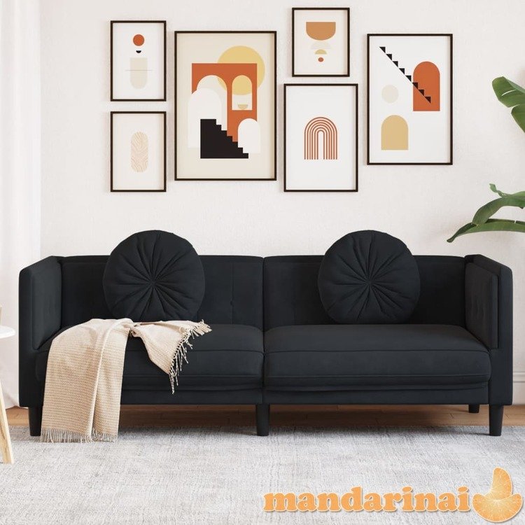 Trivietė sofa su pagalvėlėmis, juodos spalvos, aksomas