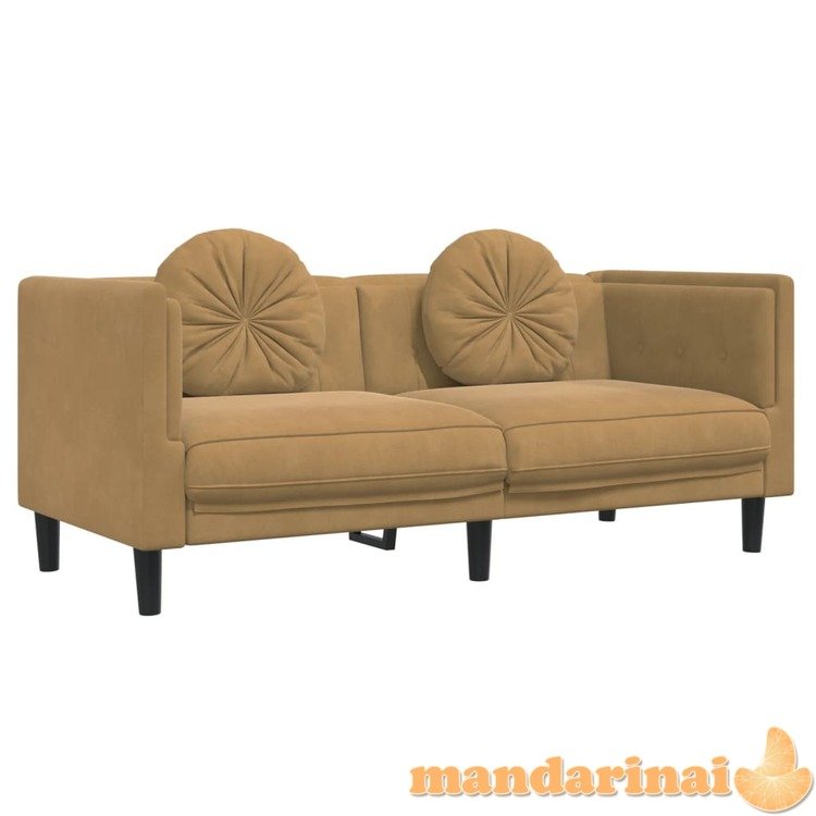 Dvivietė sofa su pagalvėlėmis, rudos spalvos, aksomas