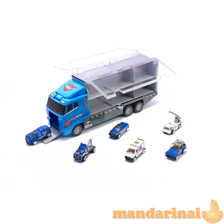 Transporteris sunkvežimis TIR paleidimo įrenginys + metaliniai automobiliai policija 1