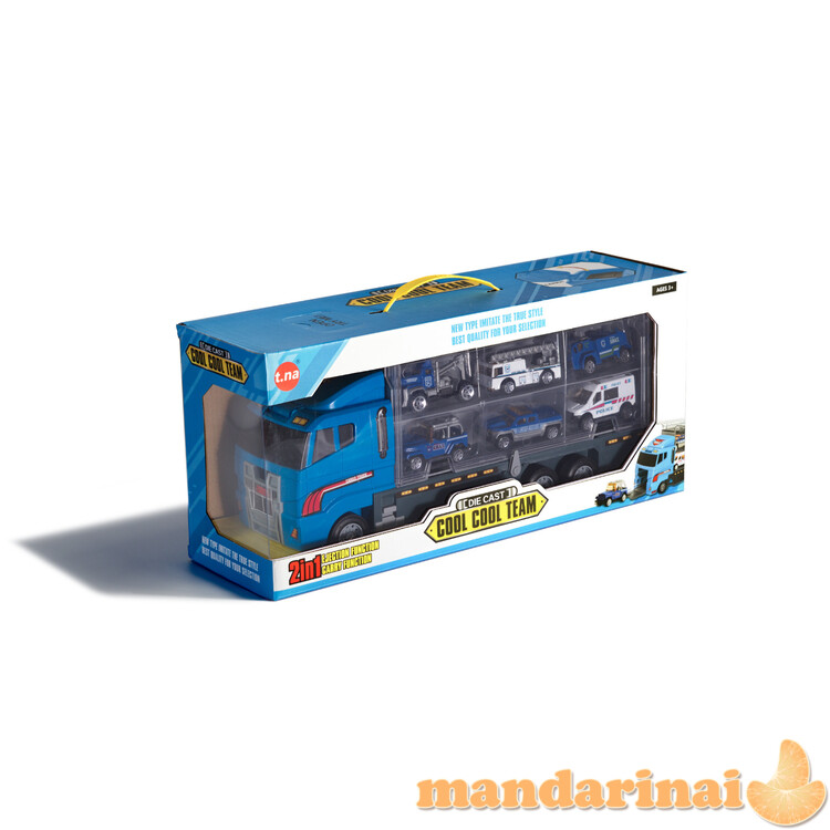 Transporteris sunkvežimis TIR paleidimo įrenginys + metaliniai automobiliai policija 2