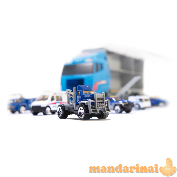 Transporteris sunkvežimis TIR paleidimo įrenginys + metaliniai automobiliai policija 4