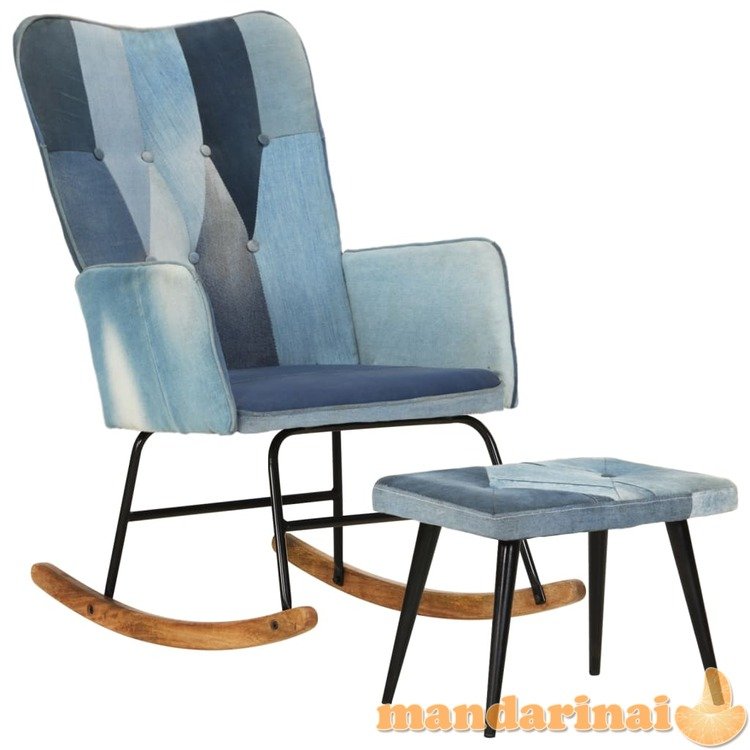 Supama kėdė su pakoja, mėlyna, drobė, skiautinio dizaino