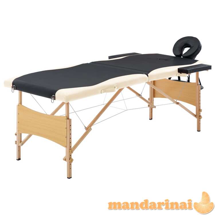 Sulankstomas masažo stalas, juodas ir smėlio, mediena, 2 zonų