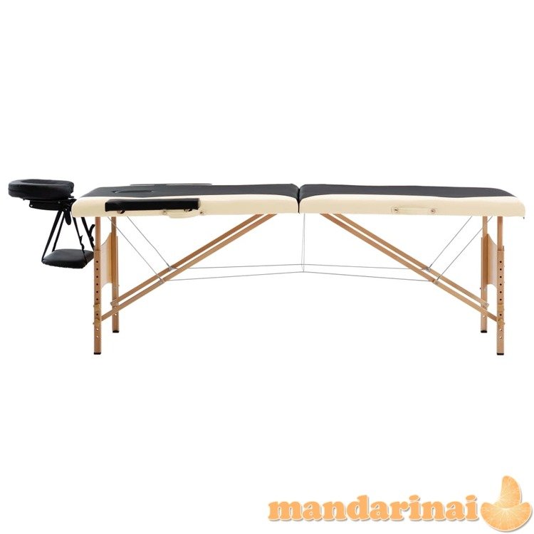 Sulankstomas masažo stalas, juodas ir smėlio, mediena, 2 zonų