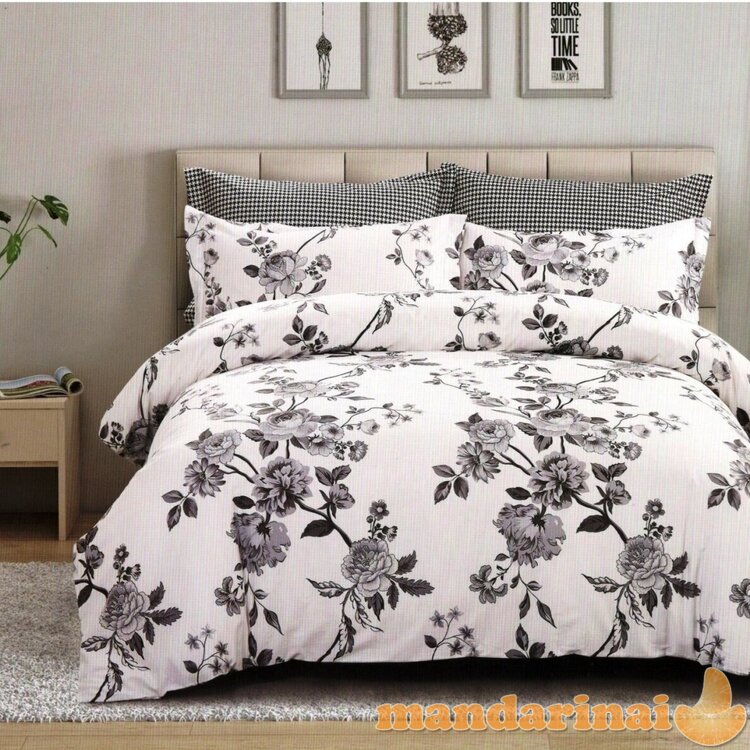 Trijų dalių dvipusis patalynės komplektas "Pilkosios rožės", 200x220 cm