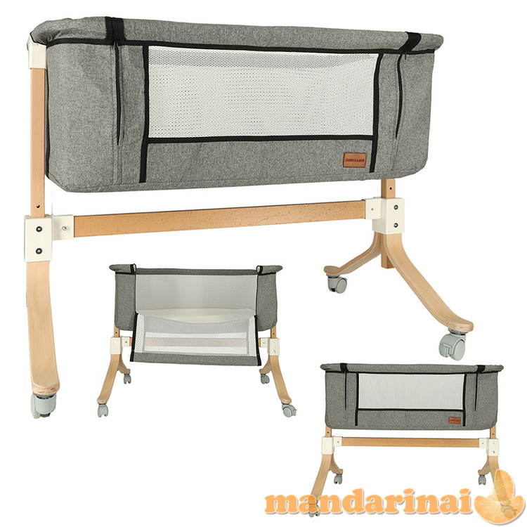 Kūdikių lopšys kūdikių medinis lopšys ant ratukų, pilkas