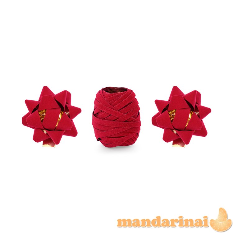 Set of velor ribbons and rosettes, red, mix (1 pkt / 3 pc.)