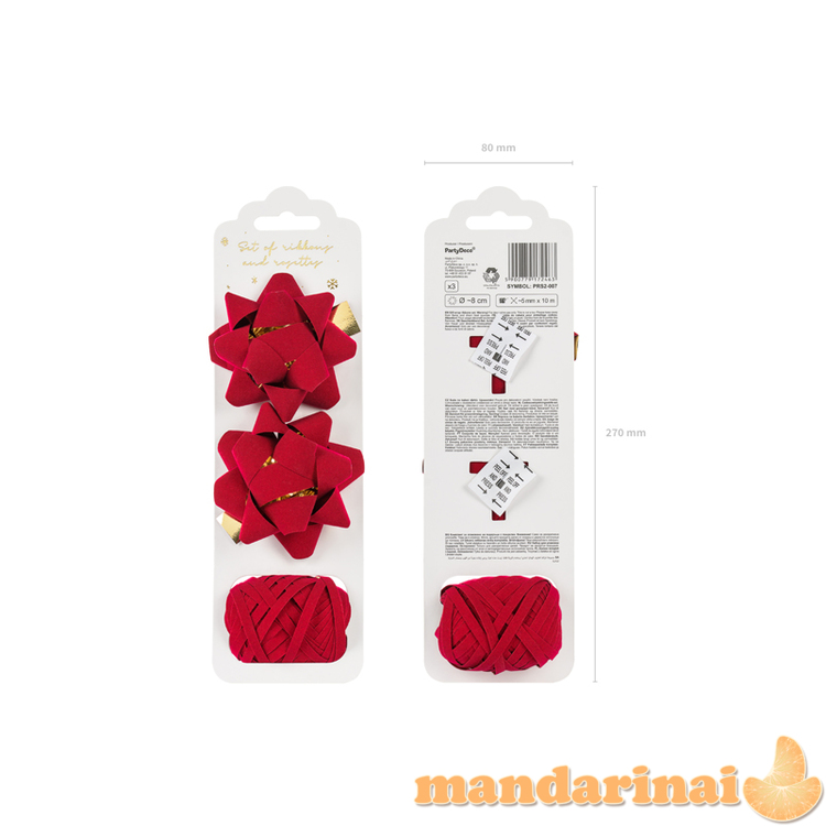 Set of velor ribbons and rosettes, red, mix (1 pkt / 3 pc.)