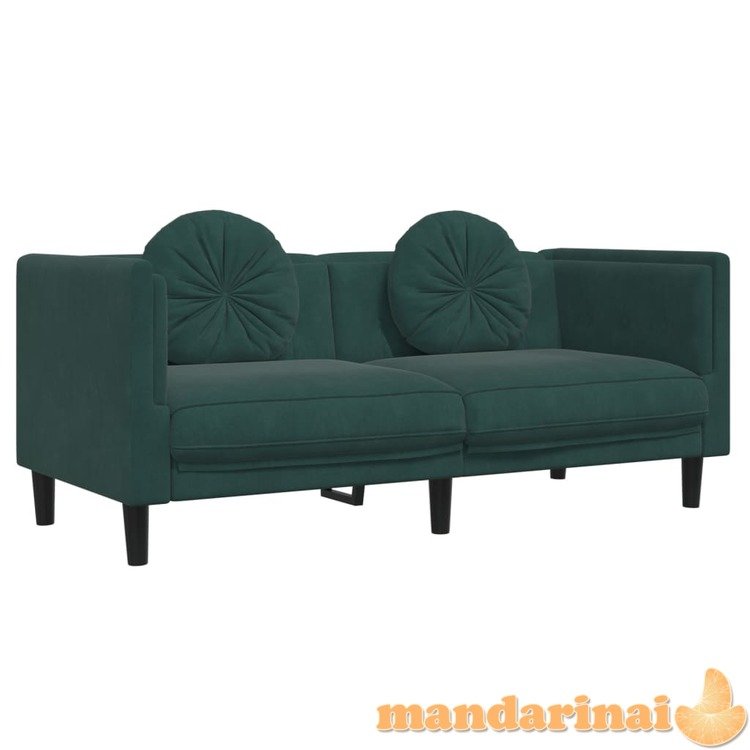 Dvivietė sofa su pagalvėlėmis, tamsiai žalios spalvos, aksomas