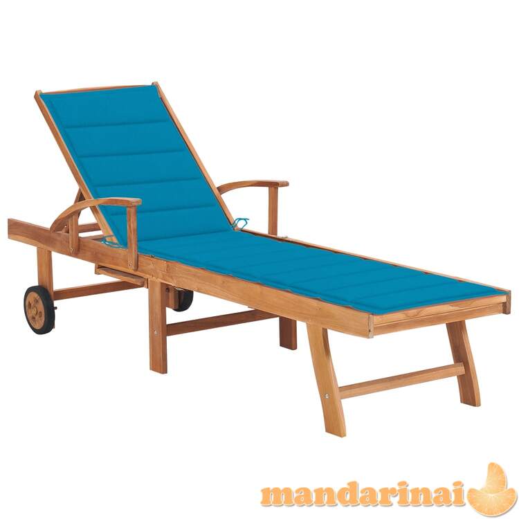 Saulės gultas su mėlynu čiužiniu, tikmedžio medienos masyvas