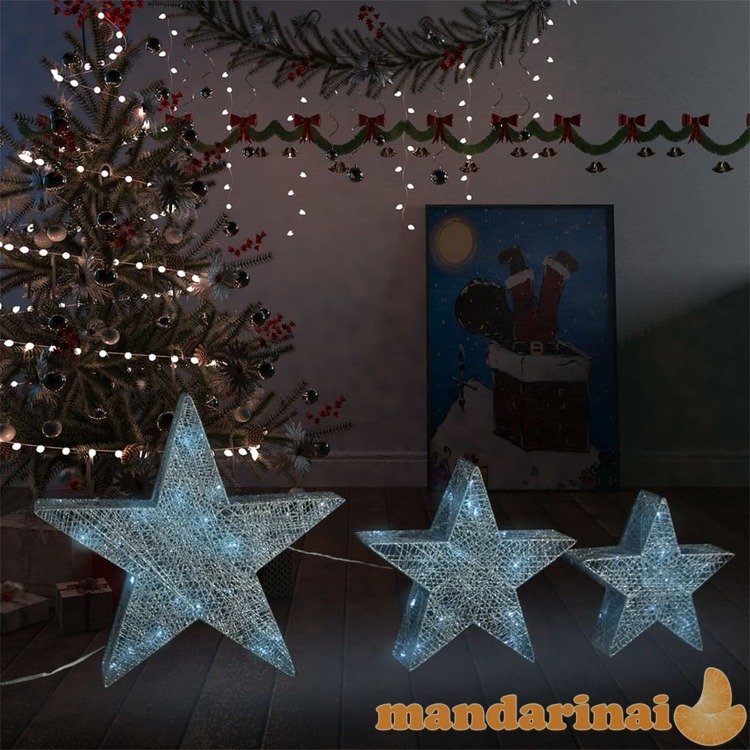 Kalėdų dekoracija žvaigždės, 3vnt., sidabrinės, tinklinės, led