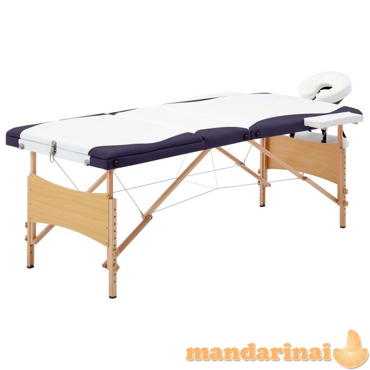 Sulankstomas masažo stalas, baltas/violetinis, mediena, 3 zonų