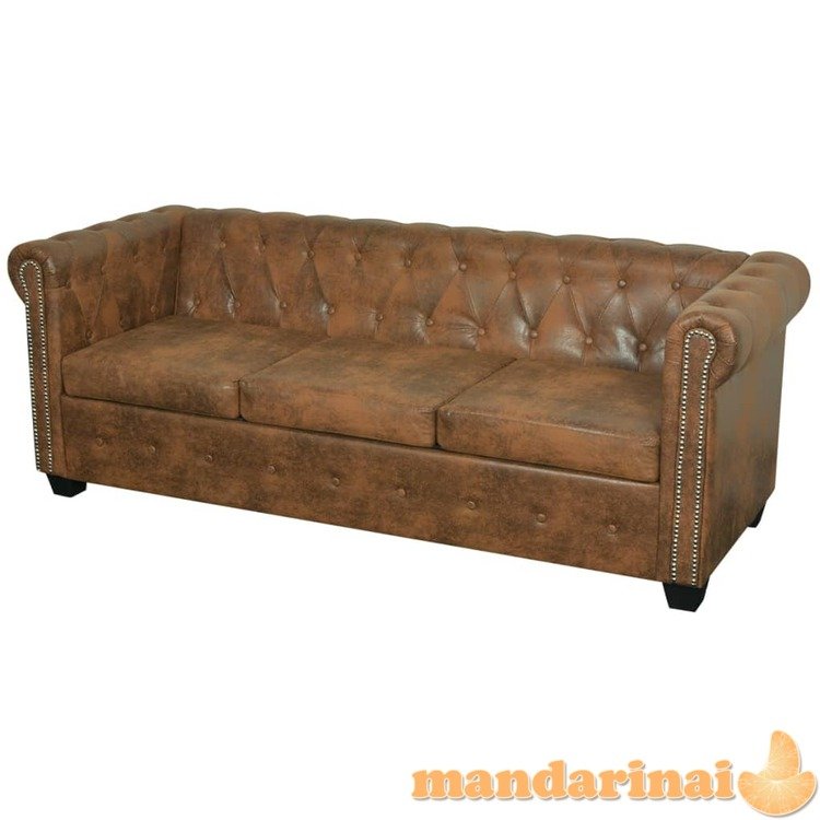 Chesterfield trivietė sofa, dirbtinė oda, ruda