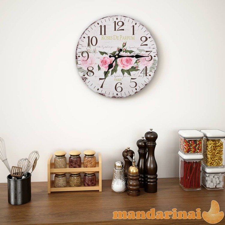 Sieninis laikrodis virtuvei, 30 cm, vintažinio diz., su gėlėmis