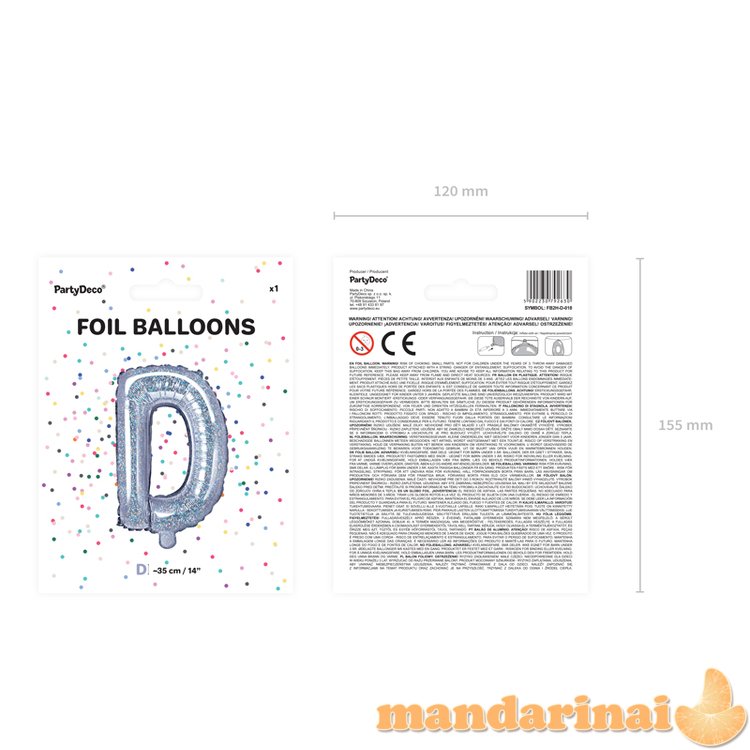 Foil Balloon Letter   D  , 35cm, holographic