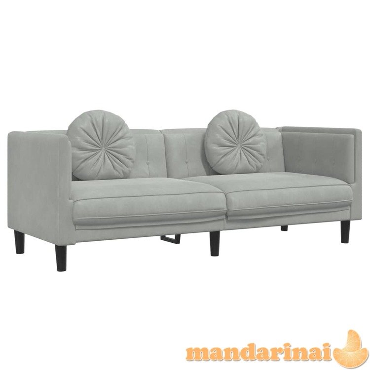 Trivietė sofa su pagalvėlėmis, šviesiai pilkos spalvos, aksomas