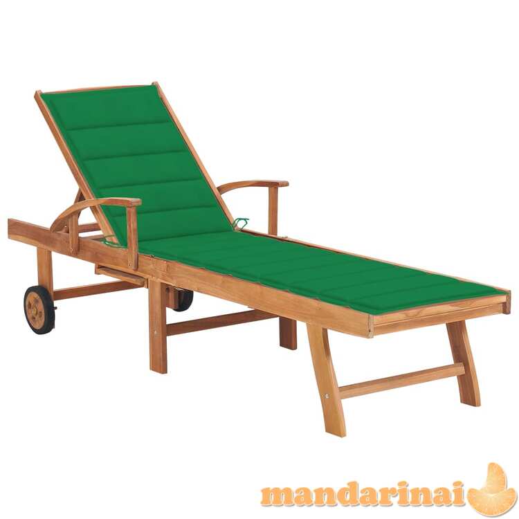 Saulės gultas su žaliu čiužiniu, tikmedžio medienos masyvas